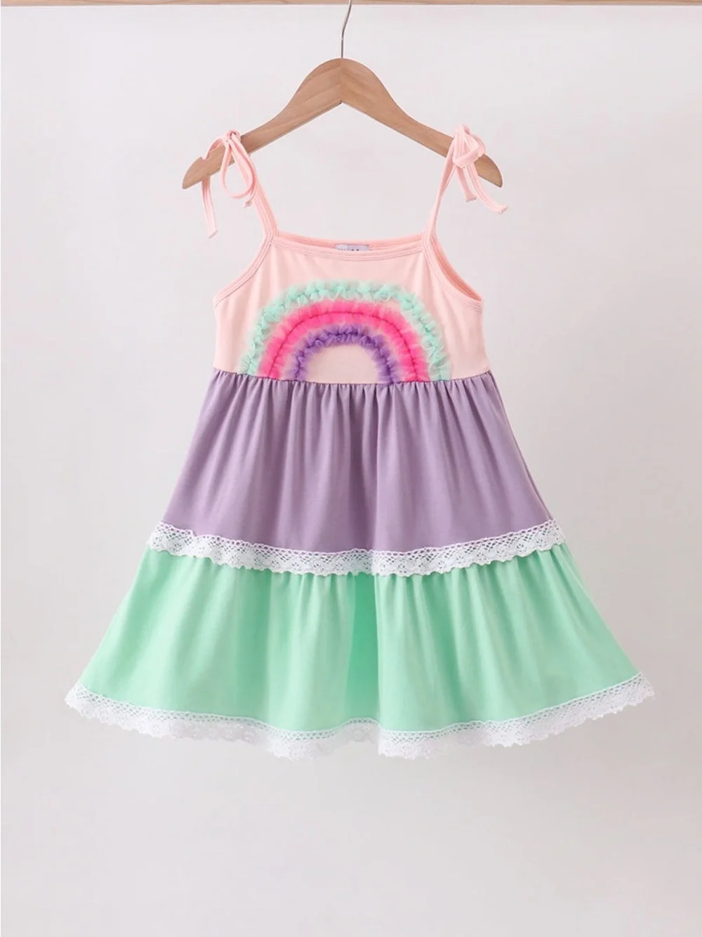 Girls Pink Rainbow Tiered Dress with Lavender and Mint